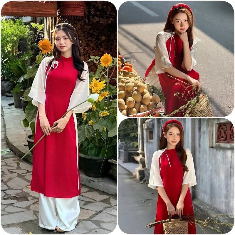  Sét Áo Dài Cách Tân Nhung Hàn Phối Tay Tơ Xốp Gắn Nơ Cổ + Quần Suông Trắng 