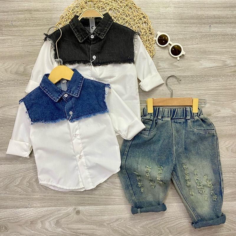 Bộ đồ cổ jean pha sơmi trắng 2 màu xanh đen cho bé trai sz 10-32kg. quần ngẫu nhiên