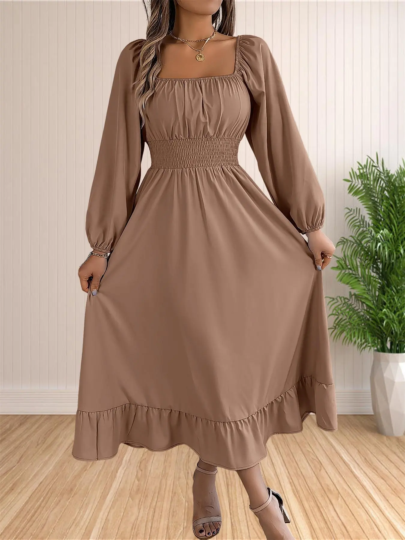 Women's Plain Ruched Ruffle Hem Shirred A Line Dress, Elegant Bishop Sleeve Square Neck Long Sleeve Dress for Party Holiday Wedding Guest, Ladies Fall Clothes 2024