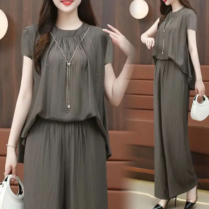 Bộ Đồ Phong Cách Nữ Thần Thanh Lịch Mùa Hè, ngắn Tay, Dành Cho Phụ Nữ, Phong Cách Phương Tây, Quần Áo Mùa Hè Cho Mẹ, Dáng Rộng Rãi Và Mỏng, Quần Ống Rộng, Bộ Hai Mảnh, Chất Liệu Mỏng