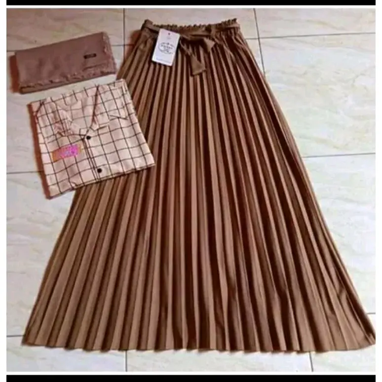setelan Wanita rok plisket premium kemeja kotak kotak kancing lengan Panjang dan kerudung bela square 1