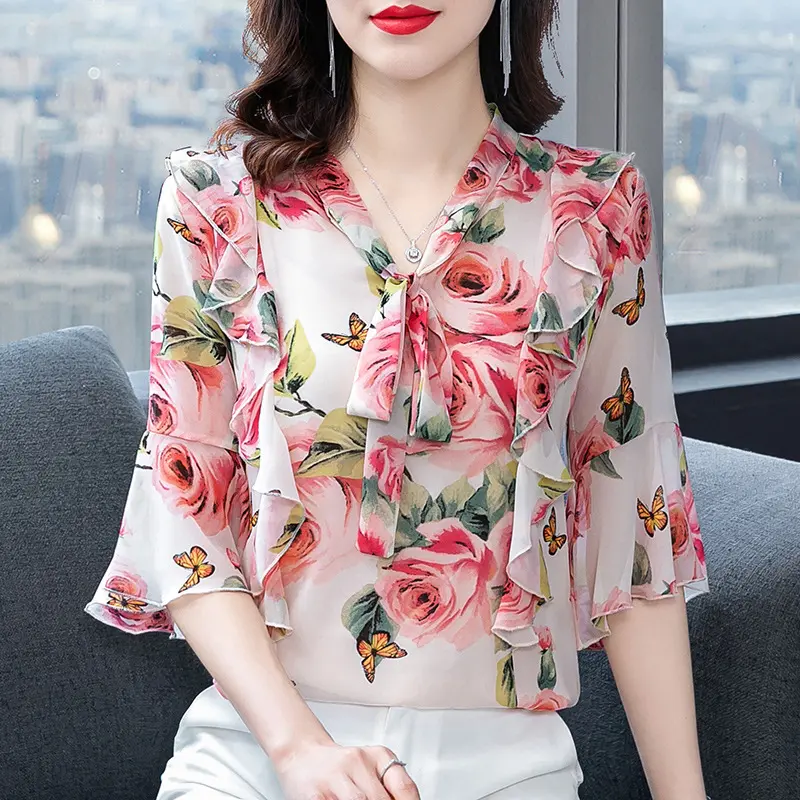 Áo Voan, Dành Cho Phụ Nữ Trung Niên, ngắn Tay Áo, Dáng Rộng Vừa Vặn, Thời Trang Mới 2024, Áo Hoa, Mỏng Vừa Vặn, Che Bụng, Trẻ Trung, Áo Lót Women Top Cổ Tròn Shirt Sơ Mi