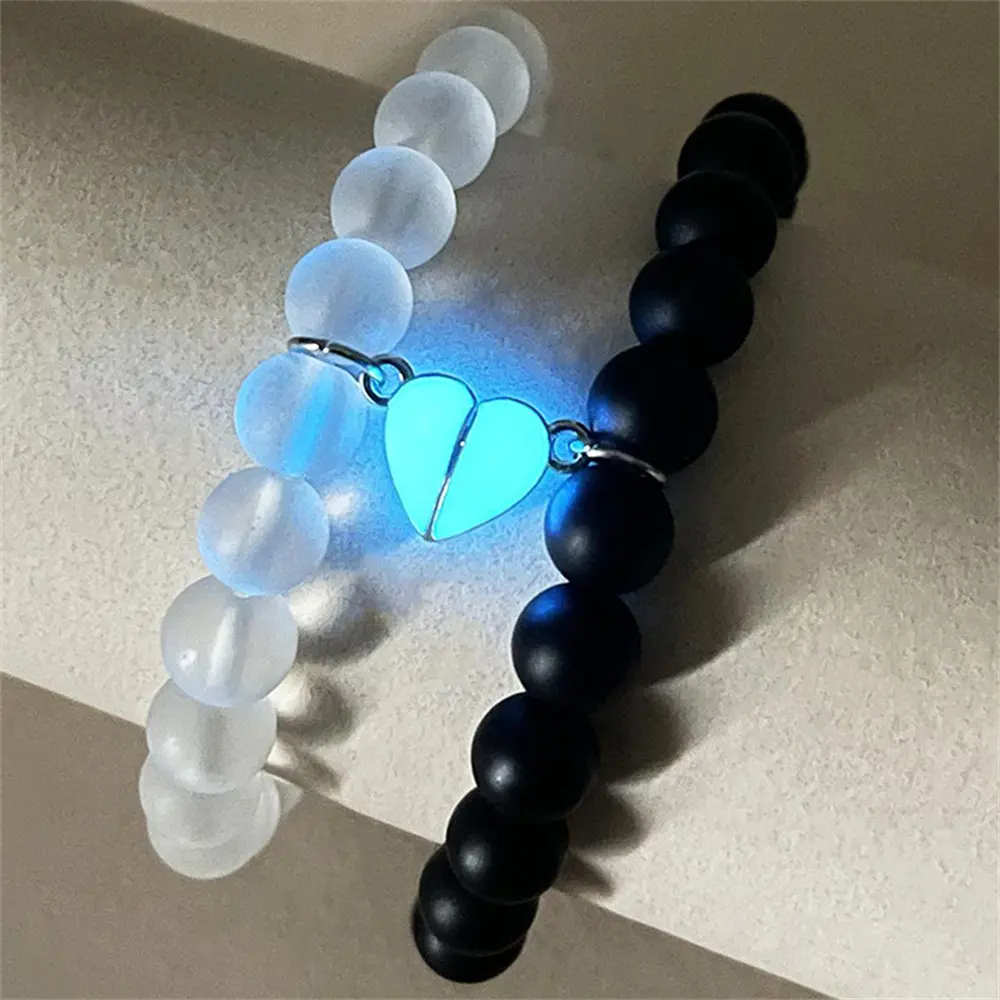 2pcs Matching Bracelets Couples Women Men Luminous Magnet Love Heart Magnetic Friendship Bracelete Black White Beads Bangles Gift