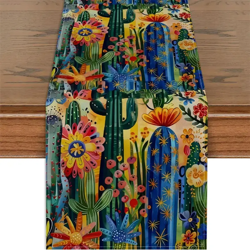 Cactus & Flower Pattern Table Runner, Colorful Table Runner, Decorative Tablecloth for Home Kitchen Dining Room, Party Decor Supplies 0