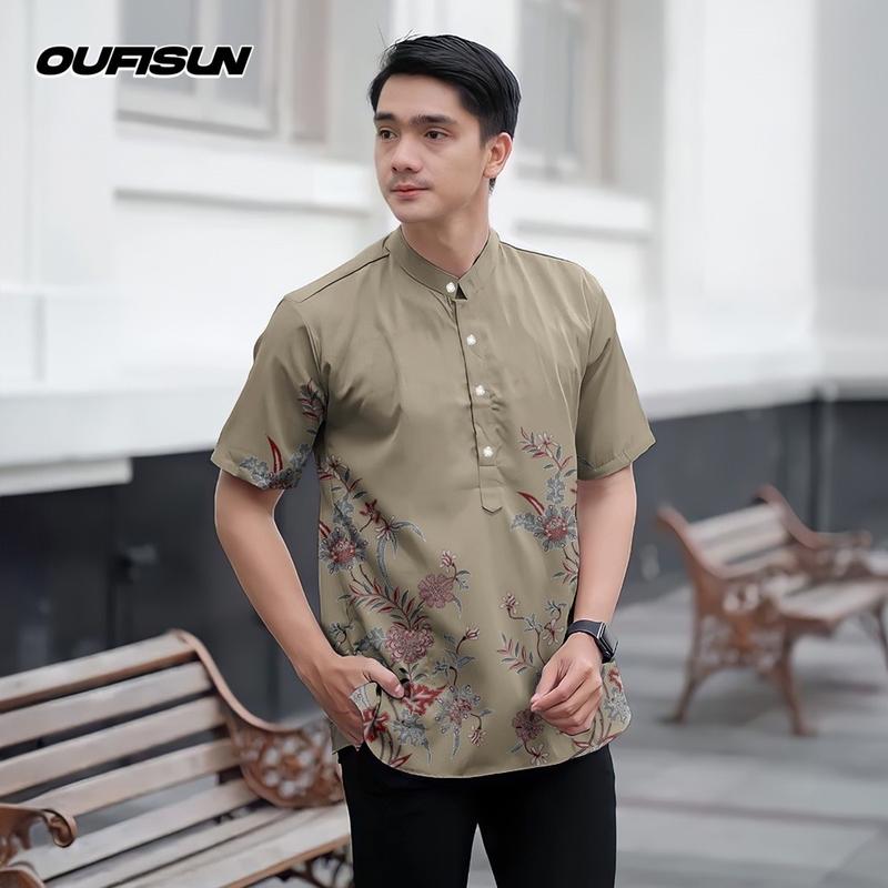 Product Introduction of Koko Kurta Shirt Raya 2025 Ramadan Festival Batik Men's Top Slim Fit 3D Printed Pattern Stand Collar Short Sleeve Henry Shirt Men's Formal Shirt 3