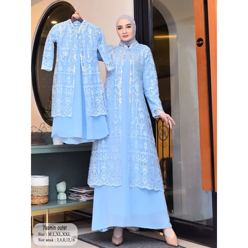 AKS> Gamis Yasmin Outher Lepas Pasang / Gamis Busui Friendly / Gamis Outher Couple Ibu dan Anak / Gamis Modern Couple / Gamis Kekinian /  Couple / Gamis Anak / Gamis Dewasa / Premium Muslim/ Baju Panjang Kondangan Pesta Lebaran / Kombinasi Payet 8