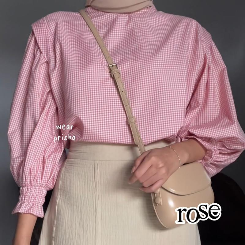 [WEAR PRISHA] ARUNA GINGHAM TOP PUFFY BLOUSE | ATASAN MOTIF TARTAN KOTAK BLUS KATUN LENGAN BALON Katun Baju Wanita Panjang 2