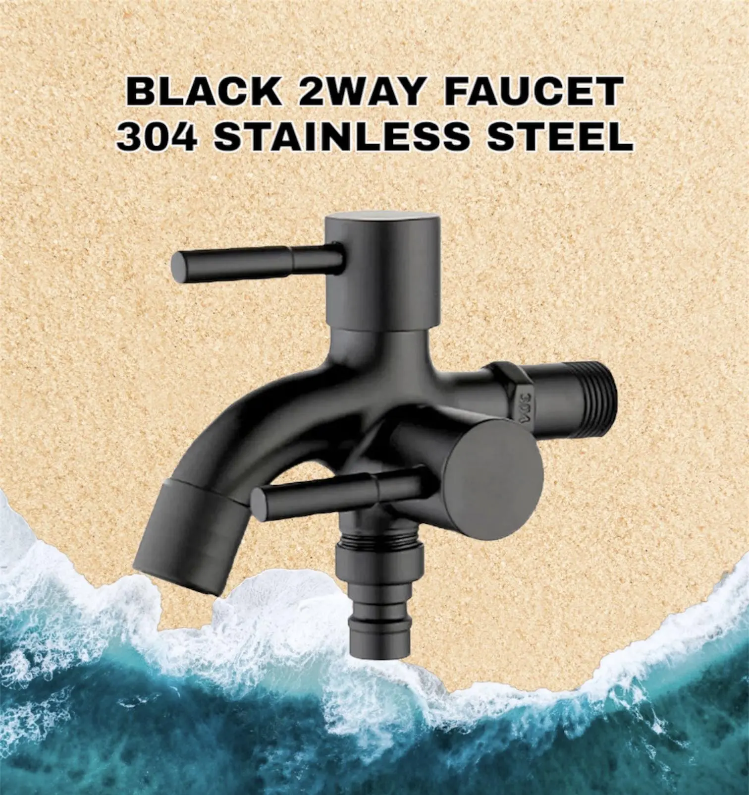 304 Stainless Steel 2 Way Faucet Black Valvet Bibcock Faucet 1 in 2 out Head Two Way Tap