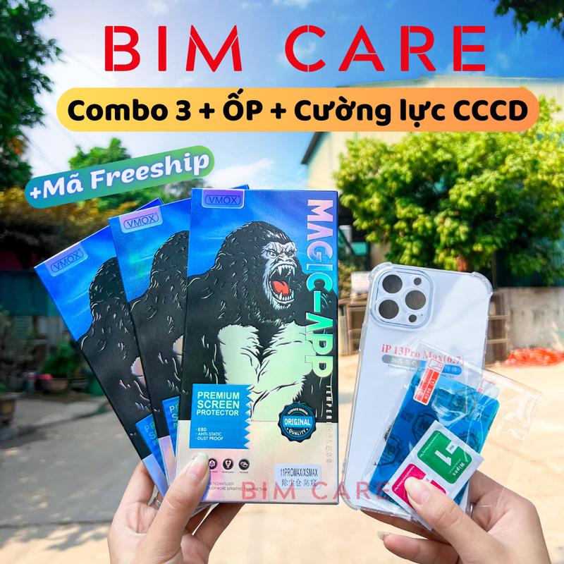 (TỰ RÚT BỤI TRONG) COMBO 3 Kính cường lực Kingkong VMOX SIÊU TRONG SUỐT hộp màu xanh  có khung tự dán tại nhà, Tặng kèm 1 bộ dán CCCD 30K, 1 ốp lưng trong 30K,  BIMCARE phụ kiện Phone Kem