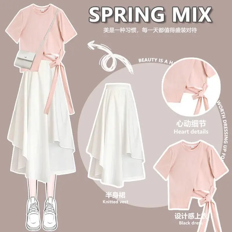Summer 20252022 Salt Suit Girls' Korean Style Loose Design Short-Sleeved T-shirt + Super Fairy Skirt Two-Piece Set