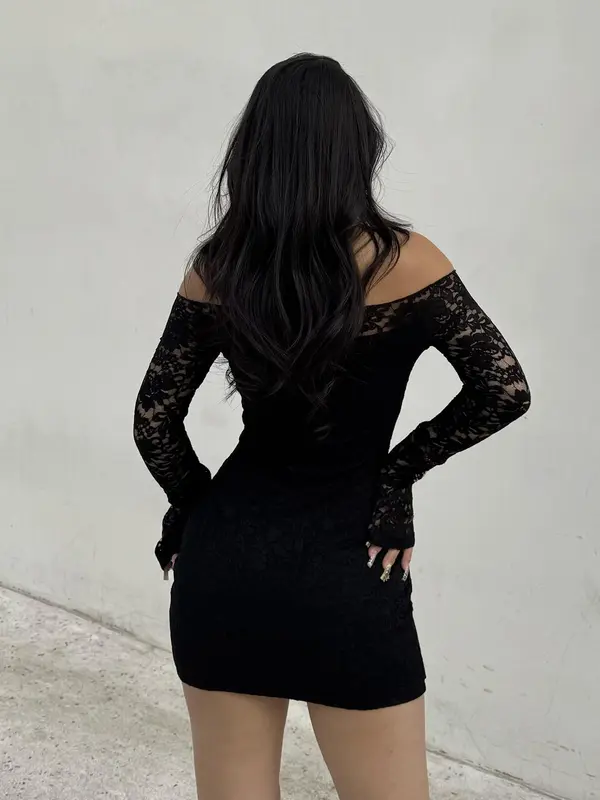 Women's Off The Shoulder Sheer Floral Lace Dress, Elegant Fashion Long Sleeve Short Dress for Party Club Dating Wear, Women Dress for Spring & Fall 1
