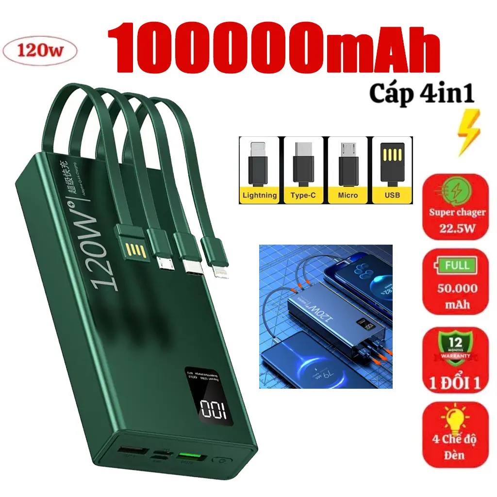 Sạc Dự Phòng 120W Sạc Nhanh 22,5W Dung Lượng Pin 100000mAh 50000mAh Cổng Sạc Tiện Lợi Phù Hợp Mọi Loại Máy