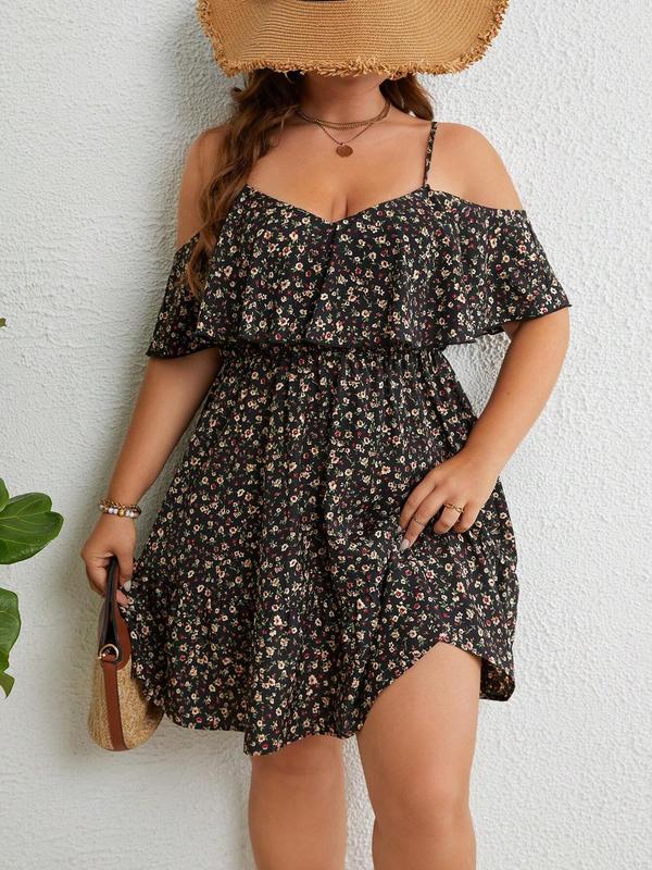 Plus Size Ditsy Floral Print Cold Shoulder Ruffle Trim A Line Dress, Boho Adjustable Strap Short Sleeve Dress for Beach Holiday Vacation, Women's Summer Clothes, Womenswear 0