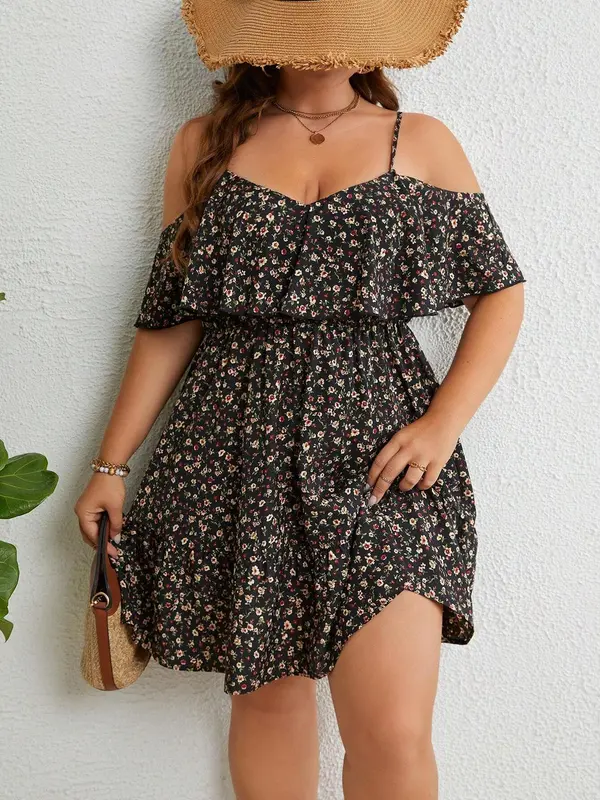 Plus Size Ditsy Floral Print Cold Shoulder Ruffle Trim A Line Dress, Boho Adjustable Strap Short Sleeve Dress for Beach Holiday Vacation, Women's Summer Clothes, Womenswear 6