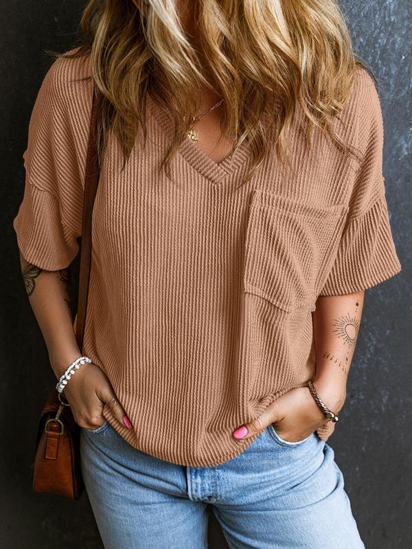 Women's Plain Textured Pocket V Neck Tee, Casual Minimalist Drop Shoulder Half Sleeve T-shirt for Summer, Ladies Clothes for Daily Wear, Cute Tops, Cute Tops, Tshirt, Womenswear 5