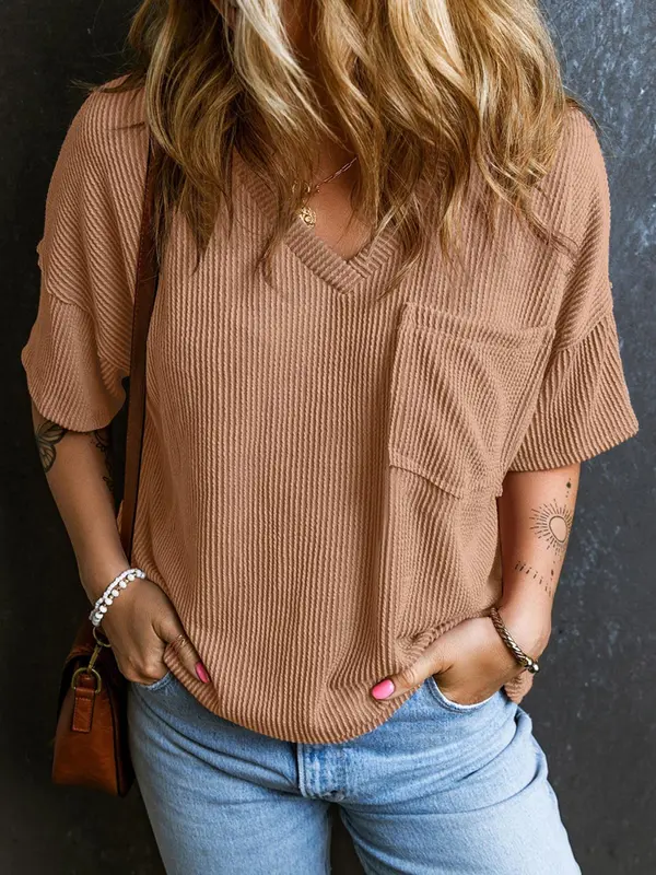 Women's Plain Textured Pocket V Neck Tee, Casual Minimalist Drop Shoulder Half Sleeve T-shirt for Summer, Ladies Clothes for Daily Wear, Cute Tops, Cute Tops, Tshirt, Womenswear 4