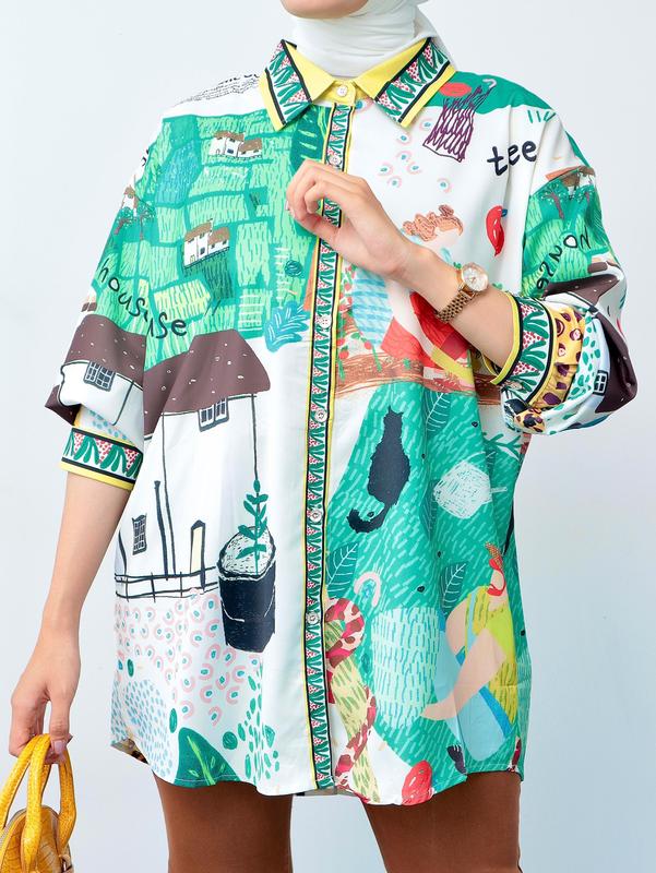 Kemeja Wanita Silk Aqiana Oversize - Baju Panjang Motif  Casual Atasan 6