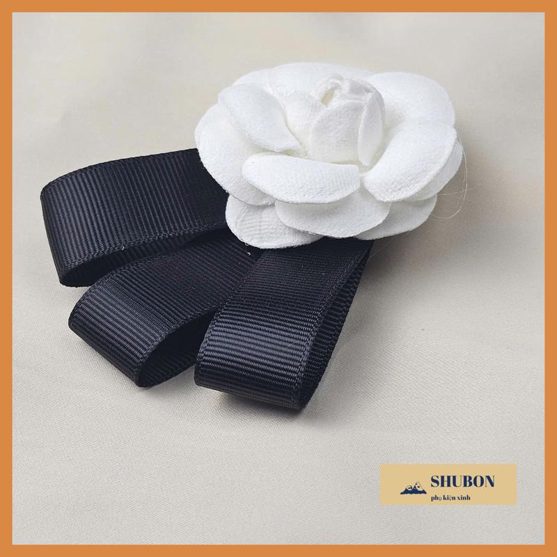 Tag cài áo váy hoa trà phối nơ ruy băng handmade lịch lãm sang trọng - mẫu 9 0
