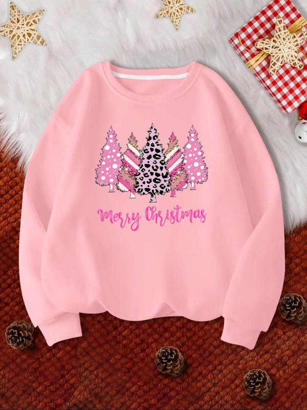 Women's Christmas Tree & Letter Print Drop Shoulder Sweatshirt, Casual Long Sleeve Round Neck Pullover for Daily Wear, Ladies Fall & Winter Clothes 6