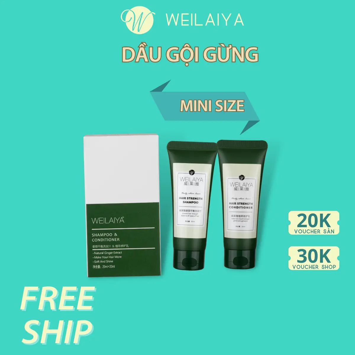 Bộ dầu gội xả gừng Weilaiya, hỗ trợ giảm rụng tóc, Mini size 20ml