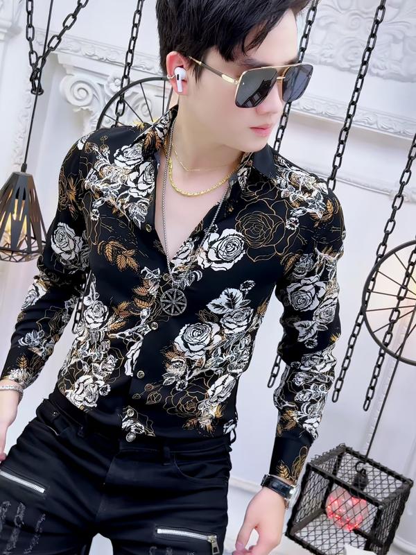 Áo sơ mi lụa nam họa tiết hoa hồng vàng trắng  nam tính Menswear Shirt Tre 2