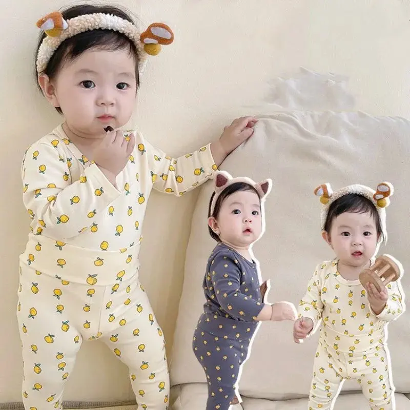 0~4 Years Old Baby Girls Boys Pajamas Pure Cotton Lemon Long-sleeved Top+Pants Homewear Set