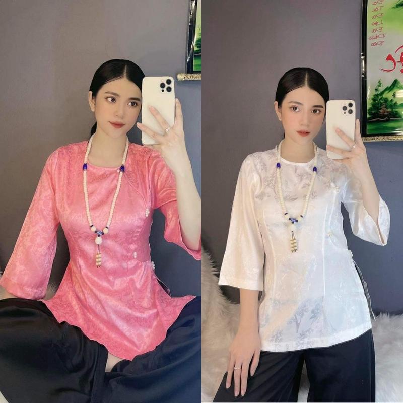 ĐỒ ĐI CHÙA # ÁO BÀ BA GẤM XINH # set Phật tử lụa vân hoa kiểu dáng cách tân có bán rời áo quần A23