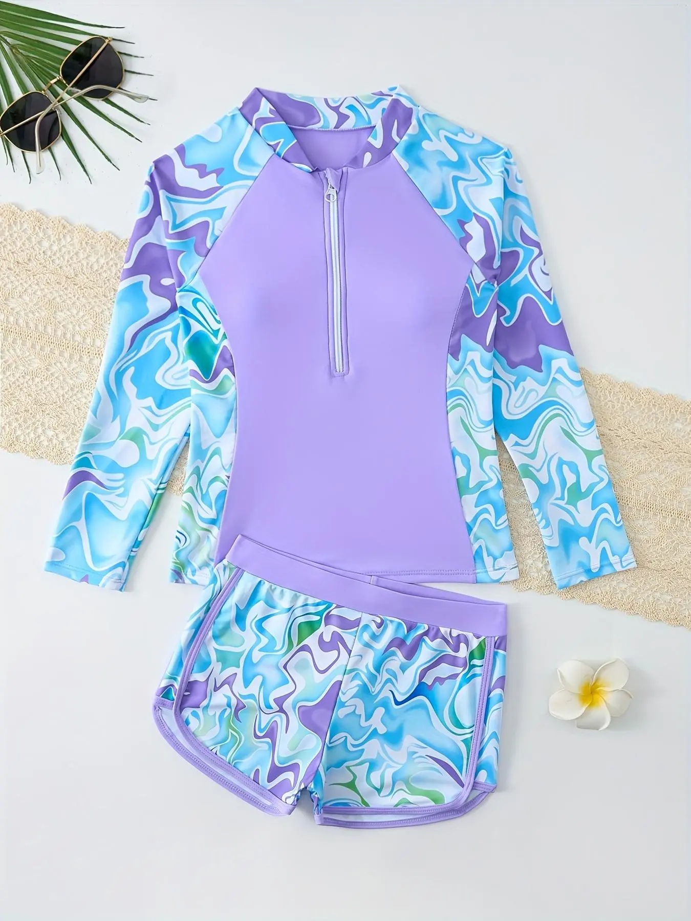 Girl's Zip Swim Top & Swim Bottom Set, Casual Long Sleeve Swim Top & Swim Shorts Set, Kids Swimwear for Beach Swimming
