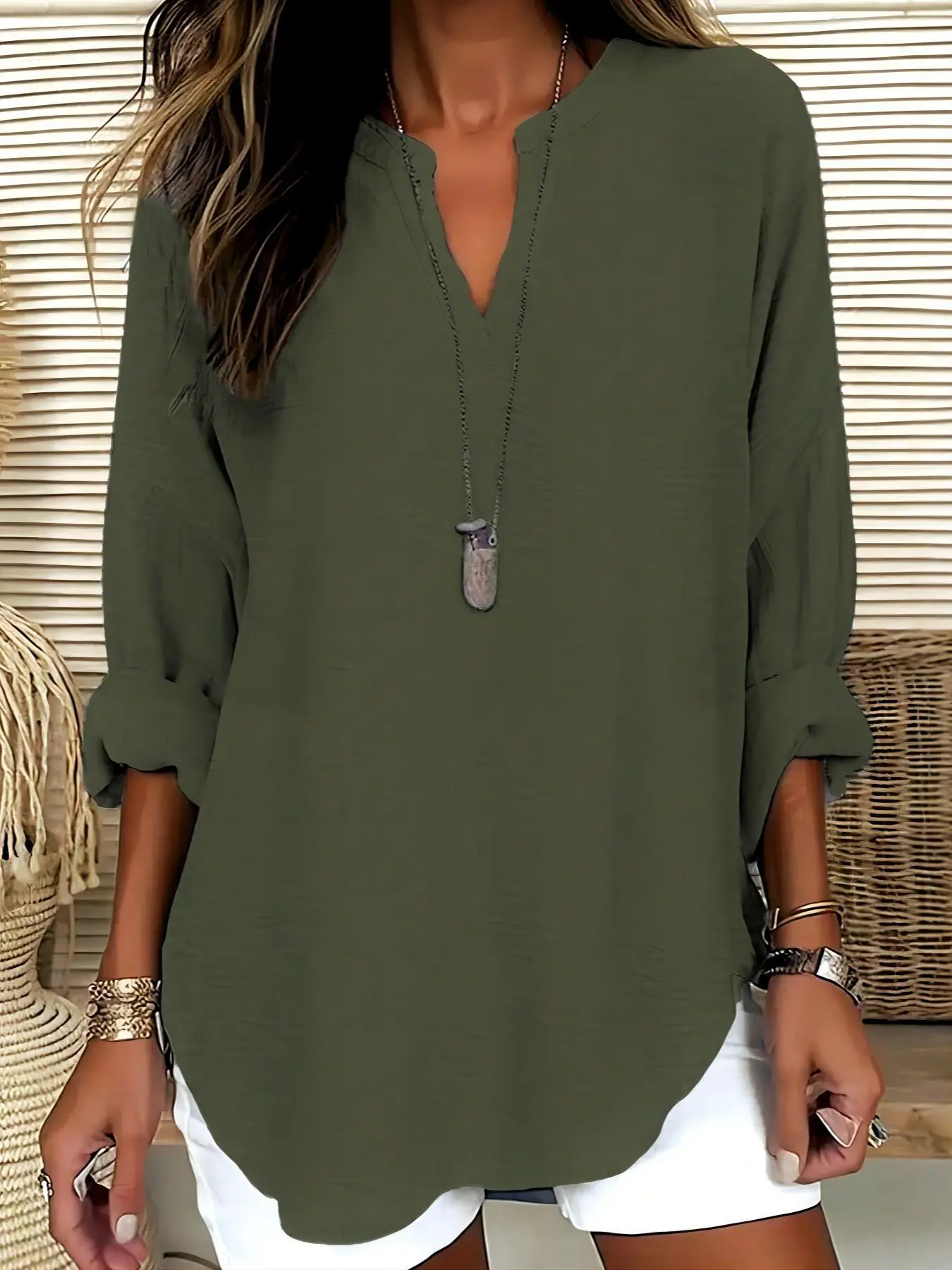 Women's Plain Notched Neck Drop Shoulder Blouse, Casual Long Sleeve Top for Spring & Fall, Women's Clothing for Daily Wear, Tops for Women