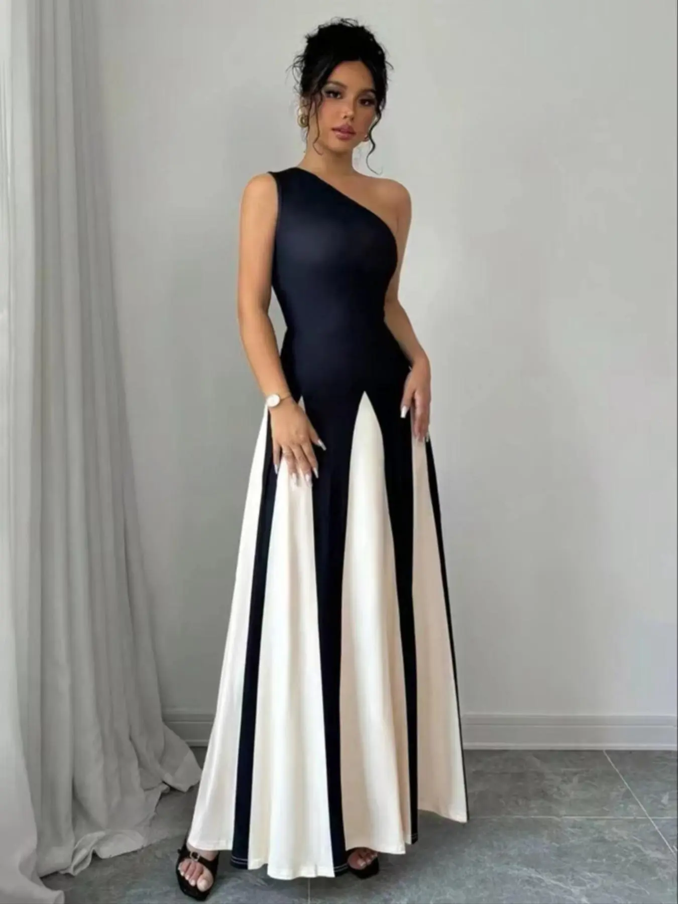 Women's Colorblock One Shoulder Asymmetrical Design Party Dress, Elegant Sleeveless A Line Dress for Party Club Dating Wear, Ladies Clothes for All Seasons