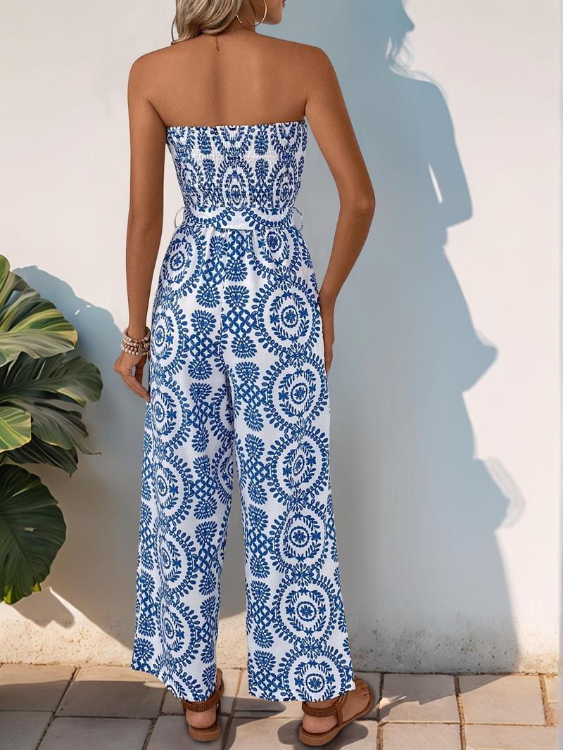Product Introduction of Women's All Over Print Shirred Tube Jumpsuit, Chic Casual Pocket Jumpsuit for Summer, Fashion Women's Clothes for Daily Wear, Womenswear 2