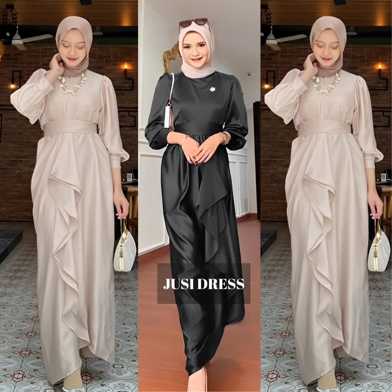 Dress Kondangan Pesta JUSSIE Baju Bridesmaid Seragam Muslim Gaun Satin Silk Maxi Premium