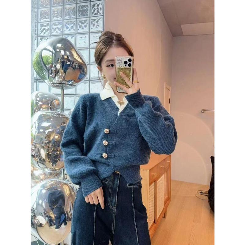 Áo Cardigan Giả Hai Lớp, Thiết Kế Đẹp, Dệt Kim Thanh Lịch Và Thoải Mái, Áo Nữ, Thời Trang Hàn Quốc, Hàng Mới Về Cho Mùa Thu 2024, OOTD 8