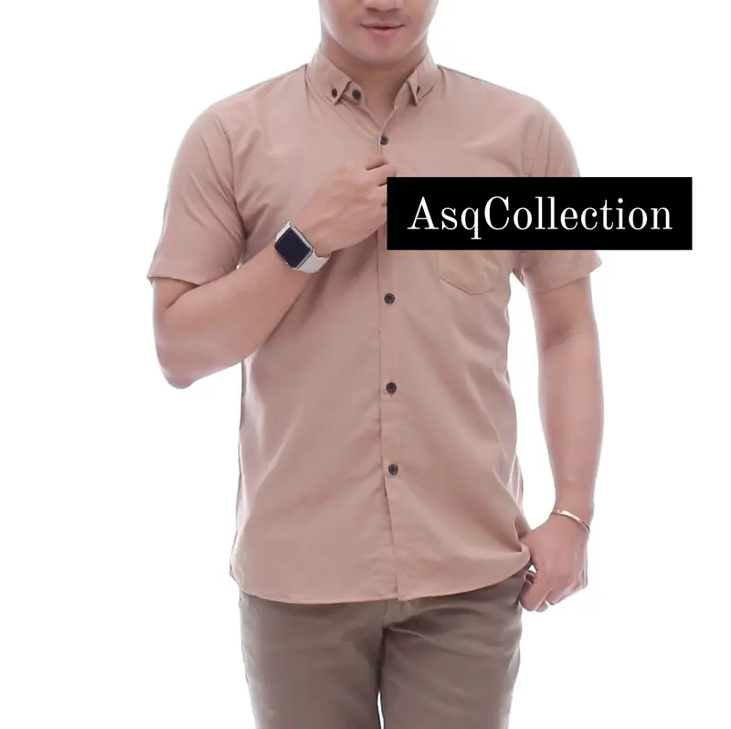 Hem Kemeja Pria Dewasa lengan pendek 13 warna Jumbo Katun Polos Hitam Putih Santai Slim-fitting V-Neck Crew Neck Biru Cream Hijau Kuning Maroon Muda Navy Baju Kerja Casual Panjang Kantor 4