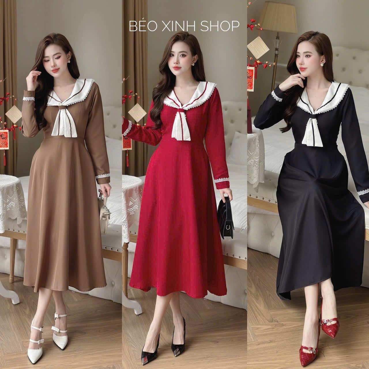 Váy Thời Trang Nữ Phối Nơ Tay Dài Vải Cotton Lạnh Thanh Lịch 40 - 95Kg Có Bigsize - A.1460