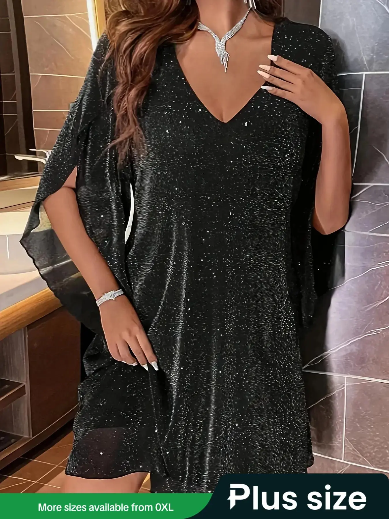 【Plus Size】 Glitter V Neck Dress, Elegant Short Dress for Party Club Dating Wear, Women's Clothes for All Seasons