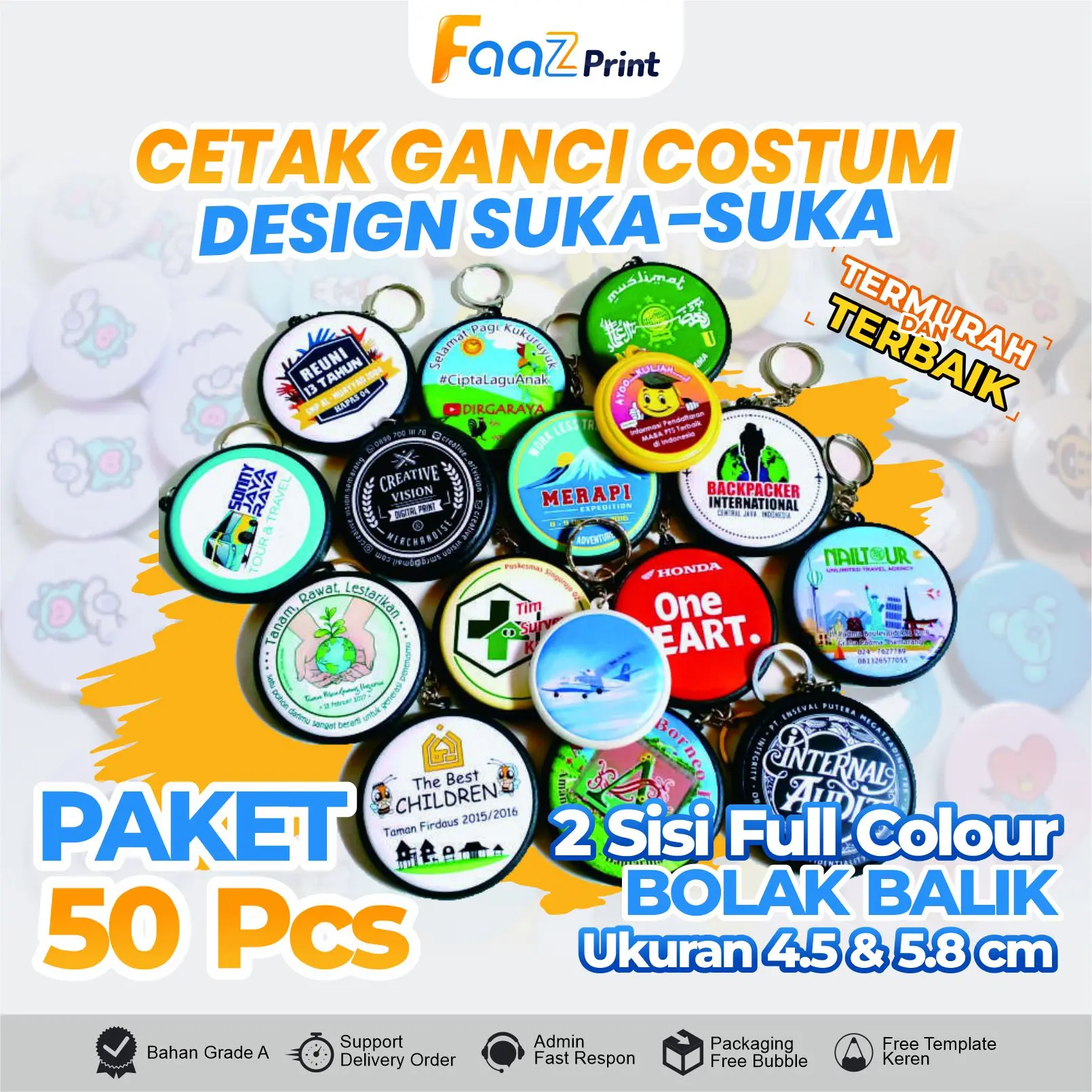(PAKET KILAT 50 GANCI 1 HARI JADI) GANTUNGAN KUNCI BOLAK BALIK 2 SISI 4.5 cm dan 5.8 cm DESAIN BEBAS SUKA-SUKA Keychain