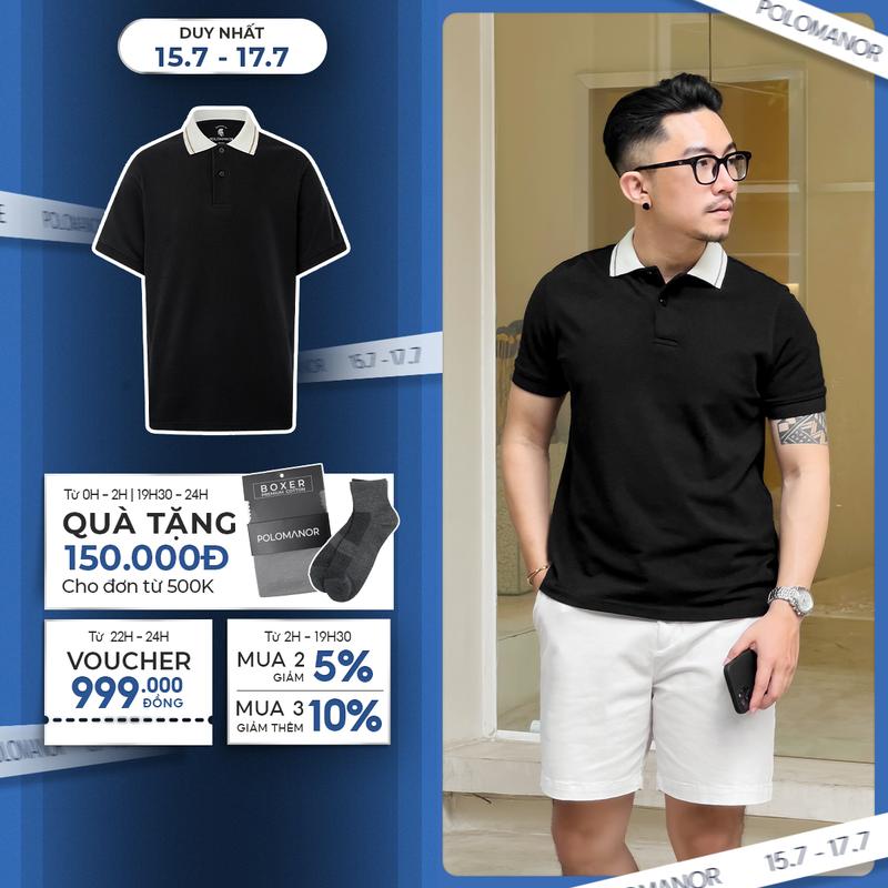Áo Polo nam có cổ UGO-BLACK vải cá sấu cotton CMC, nam tính, thanh lịch, sang trọng - POLOMANOR Menswear Shirt Ngắn Tay