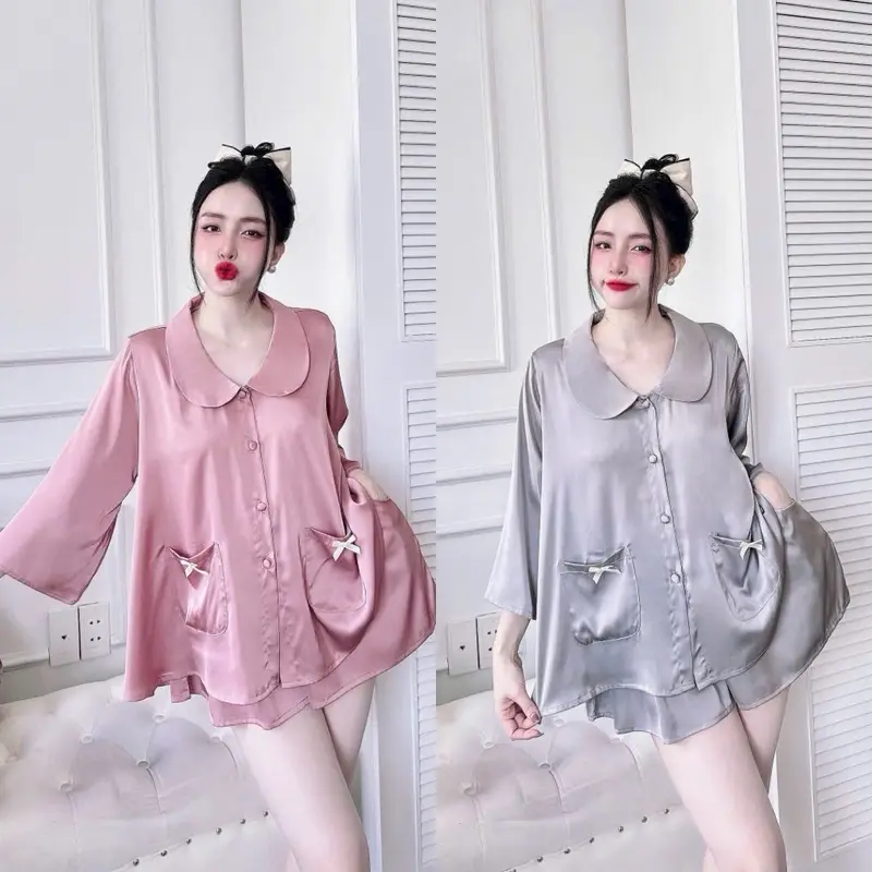 Set Bộ Đồ Ngủ Bộ Mặc Nhà Tiểu Thư Cổ Sen 2 Túi Tay Lửng Lụa Tơ Tằm CC Dành Cho Nữ 40-75kg 0
