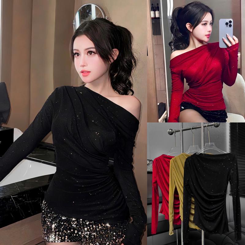Áo lệch vai nhũ nhún sườn Thun lưới xốp thông thoáng - A389 Women Nữ Top Cổ Tròn