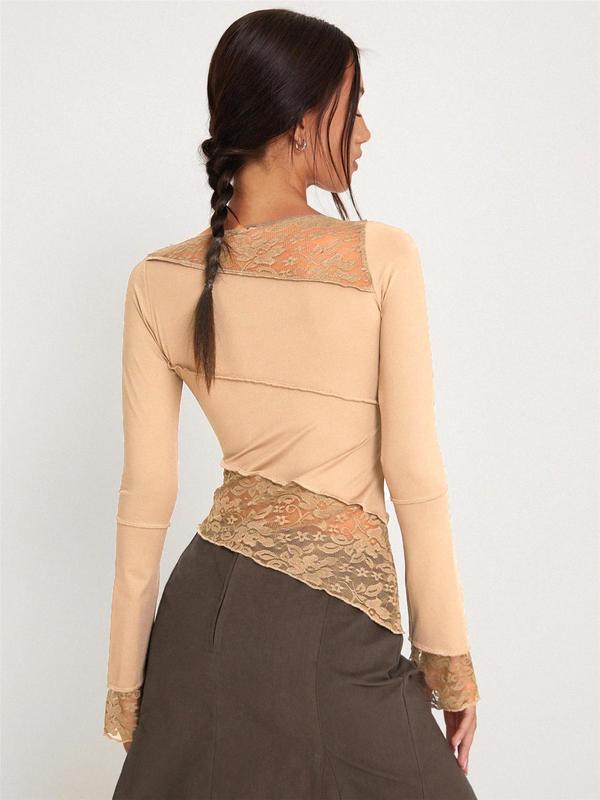 Women's Asymmetrical Hem Long Sleeve Contrast Lace Sheer Boat Neck Tee, Summer Tops, Comfort Womenswear, Minimalist Lady Top, Fashion Casual Fitted Flounce Sleeve T-shirt for Spring & Fall, Holiday Outfits, Women's Clothing for Daily Outdoor Wear 8