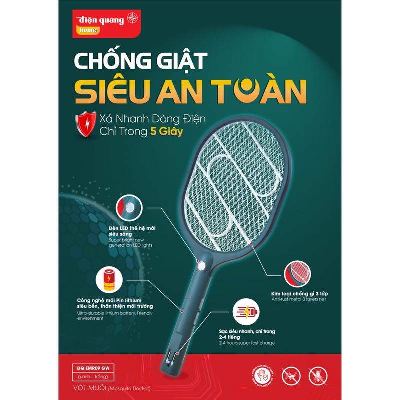 Vợt muỗi Điện Quang ĐQ EMR09 GW PinLithium Xanh – Trắng bảo hành 12 tháng có đèn