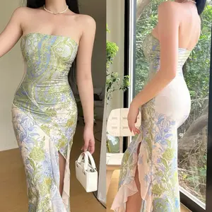 7886 dress  pantai floral hijau gaun wanita casual dress Pas Body stripe tanpa lengan midi dress terbaru 2025 Motif Bunga Bunga Panjang
