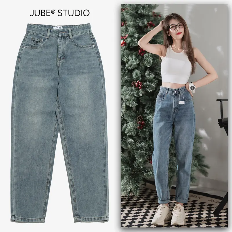 (VẢI QC-CAO CẤP) Quần Baggy Jean Nữ Kiểu Dáng Trơn Thêu Nơ Lưng Cao Vải Không Co Giãn Chất Mềm 1