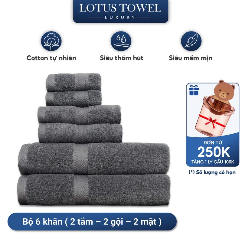Set 6 khăn gồm 2 Khăn Tắm+ 2 Khăn Gội + 2 Lau Mặt lotustowel Làm Từ Sợi Cotton Cao Cấp Mềm Mịn, Thấm Hút, Không Ra Màu Dùng Cho Nhà Tắm