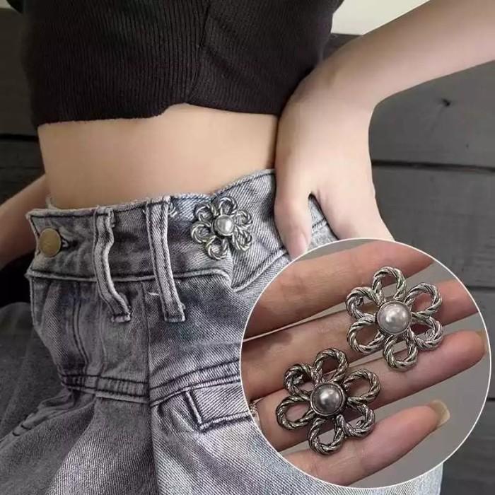 NEWW!!! Kancing Jeans Pengecil Lingkar Pinggang Motif Bunga Kancing Rok, Jeans, Baju Lepas Pasang Bross - Silver 1