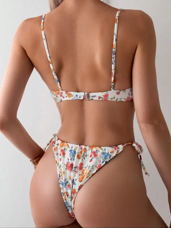 Women's Floral Print Ribbed Bikini Set, High Stretch Casual Fashion Spaghetti Strap Tie Front Backless Swim Top & Tie Side Swim Bottom Two-piece Swimsuit for Beach Holiday Vacation, Bikini Top Trunks 1