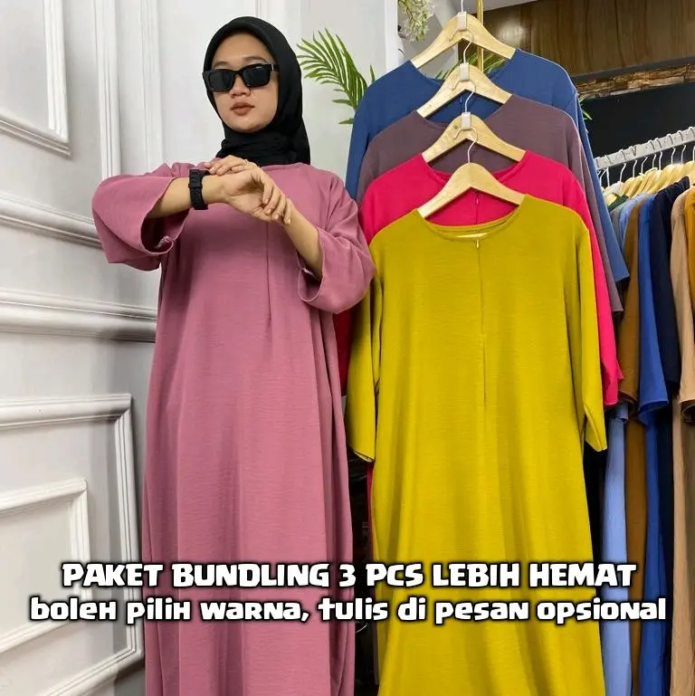 PAKET HEMAT 120RB DAPAT 3 Daster Gamis Polos Dress Basic Panjang Lengan 3/4 Busui Resleting Kain Crinkle Airflow Tebal Fashion muslim Ibu Menyusui Nyaman Tali Samping