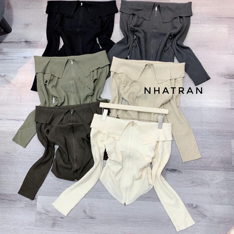 nhatran - Áo len nữ tay dài trễ vai from ôm khóa kéo phía trước nhún eo phối lá cổ Top Women KK