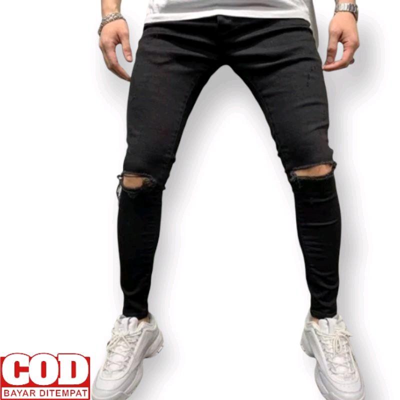 Celana jeans sobek pria celana panjang pria super skinny Slim-fitting Lembut Nyaman 0